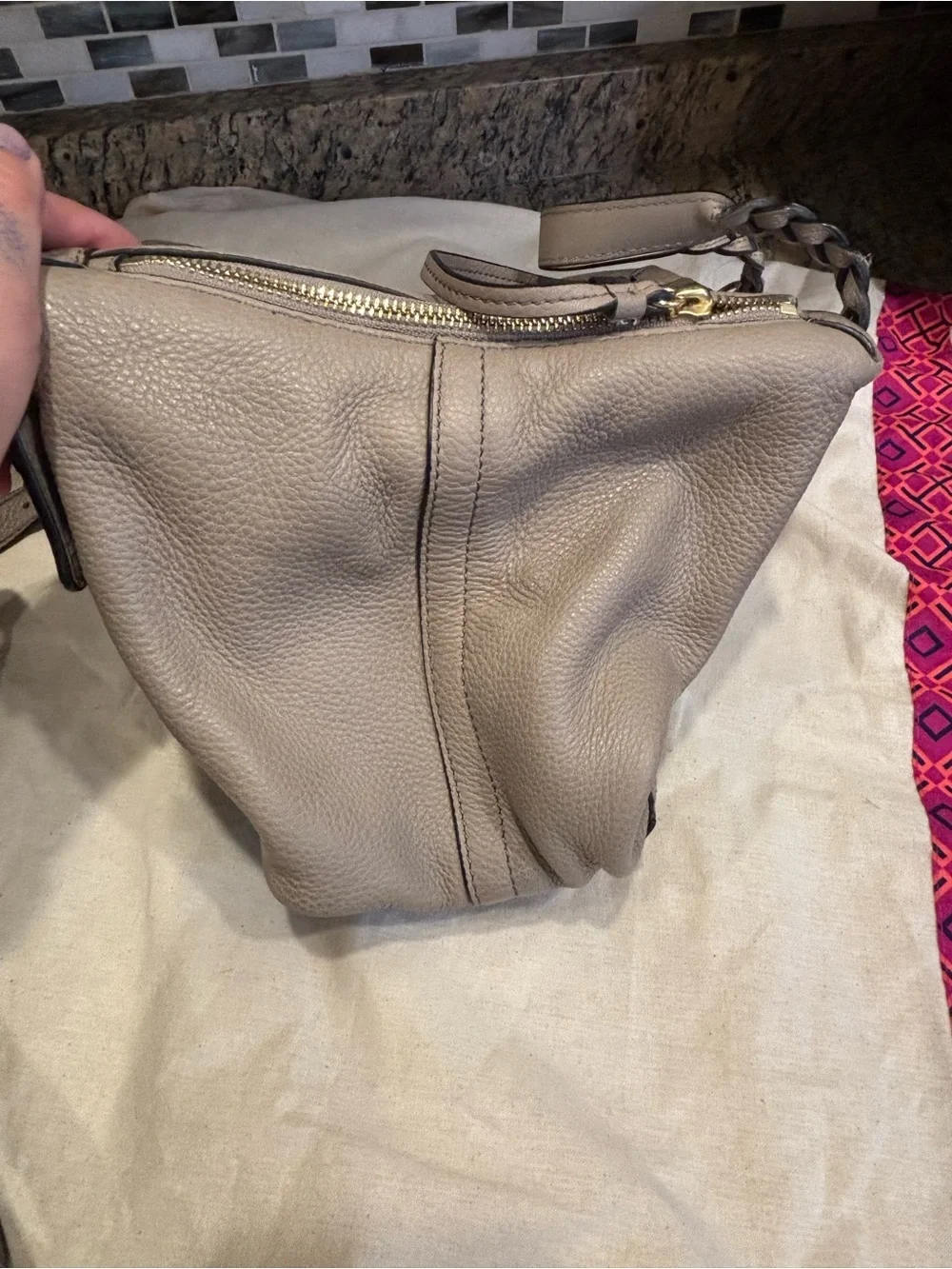 Tory Burch Neutral Taupe Braided-Handle Pebbled Leather Satchel